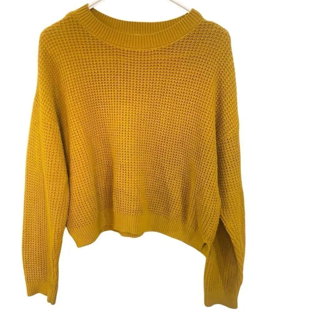 BP. Large cotton, blend, waffle knit, mustard, yellow, long sleeve cropped sweat
